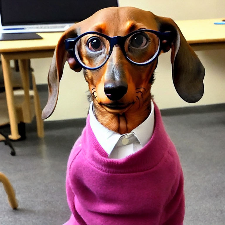 Dachshund in Glasses and Pink Sweater Sitting Indoors