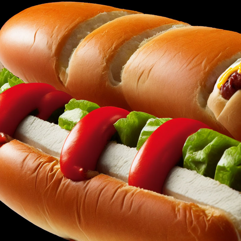 Close-up of Hot Dog with Lettuce, Tomato, and Mustard on White Bun