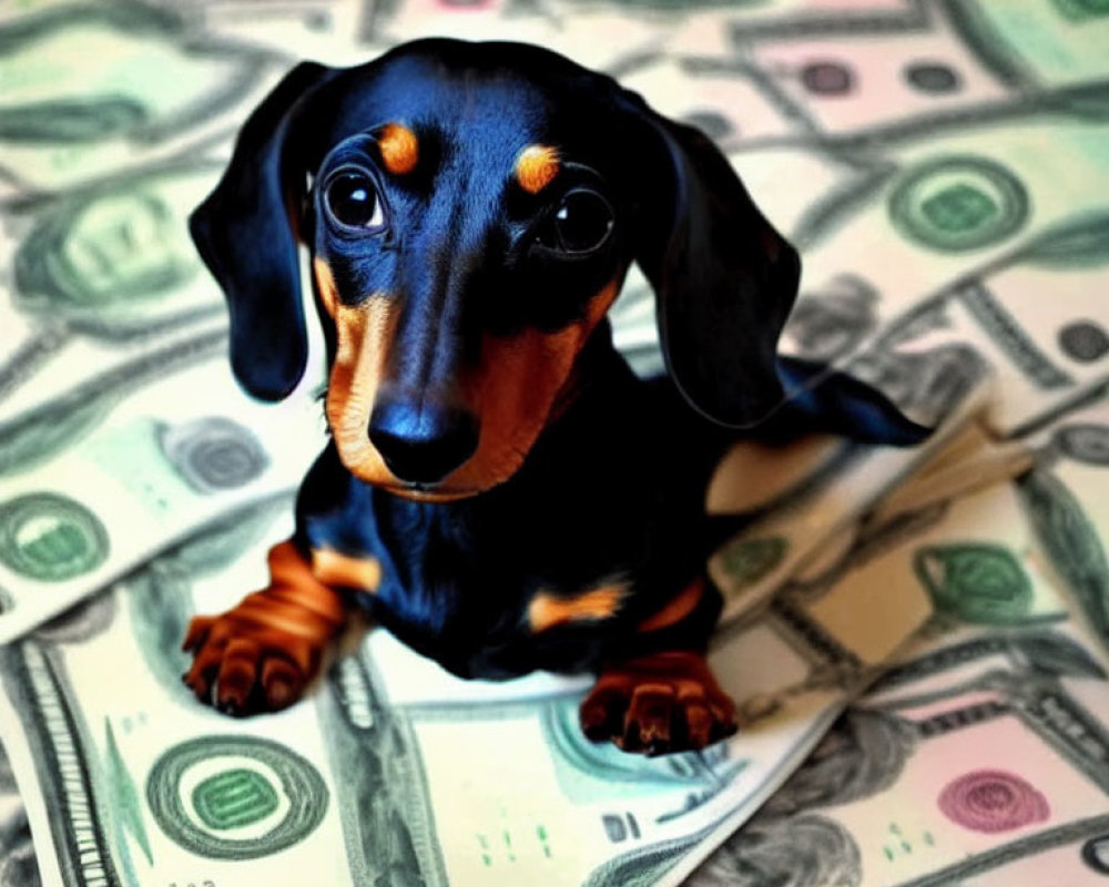 Dachshund puppy on bed of US dollar bills gazes at camera