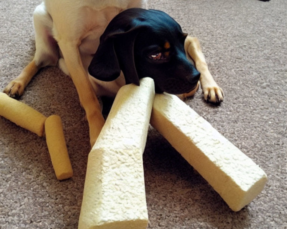 Dog with Large Foam "T" Letters on Paws, Expressing Mild Confusion