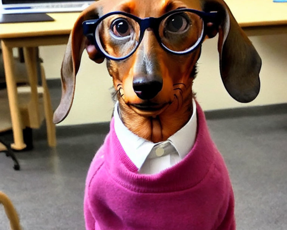 Dachshund in Glasses and Pink Sweater Sitting Indoors