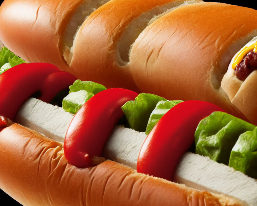 Close-up of Hot Dog with Lettuce, Tomato, and Mustard on White Bun