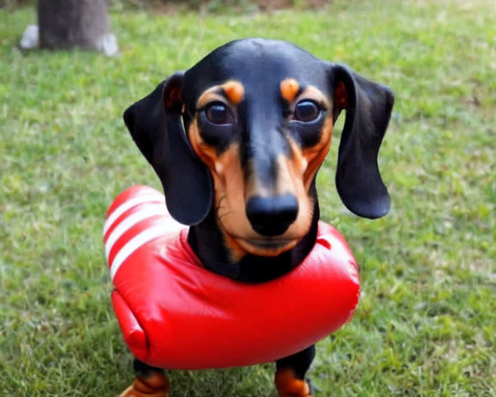 Red-striped Jacket Dachshund Dog with Lifebuoy Collar on Grass