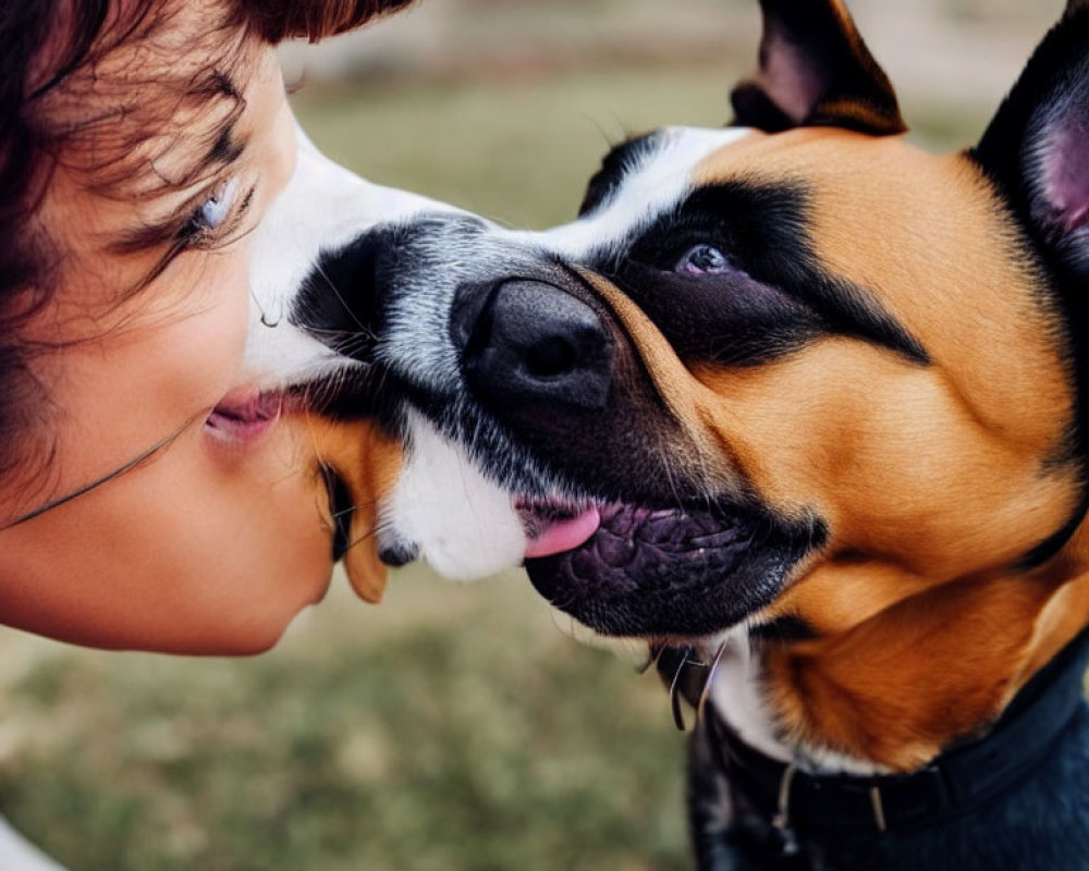 Smiling person and dog touching noses in affectionate gesture