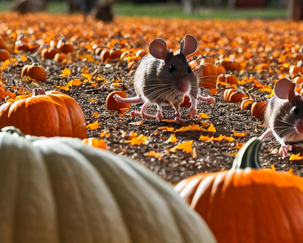 Mice in pumpkin patch with fallen leaves on sunny day