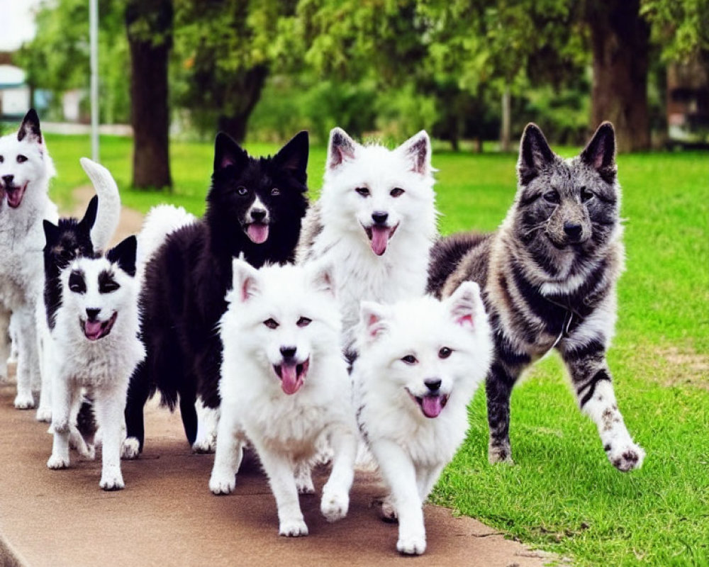 Six Fluffy Dogs Walking in Park with Trees