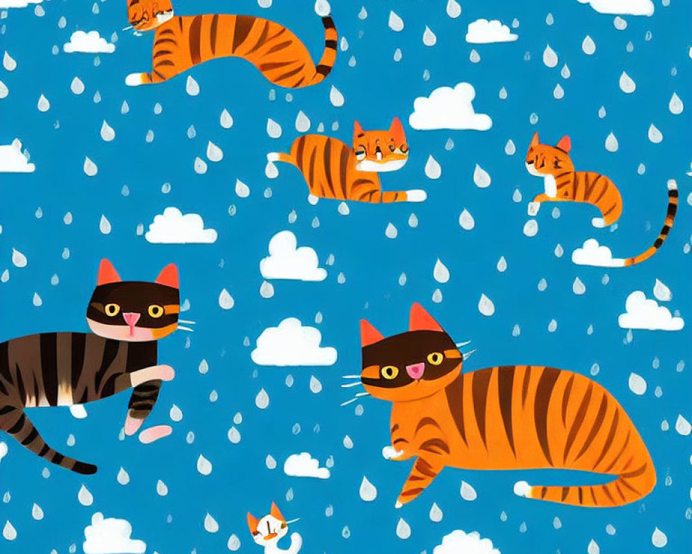 Whimsical cats in clouds on blue background