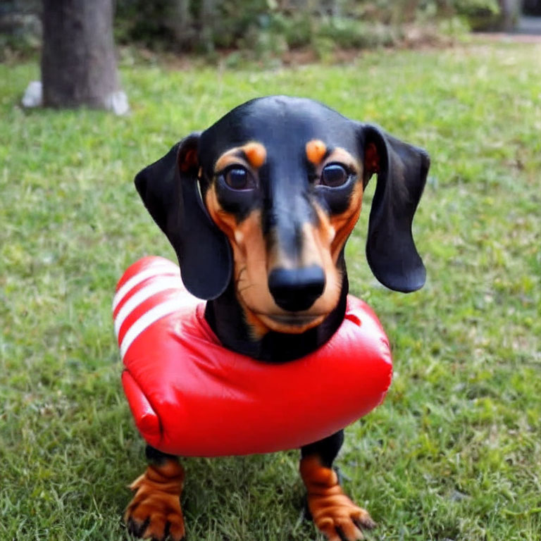 Red-striped Jacket Dachshund Dog with Lifebuoy Collar on Grass