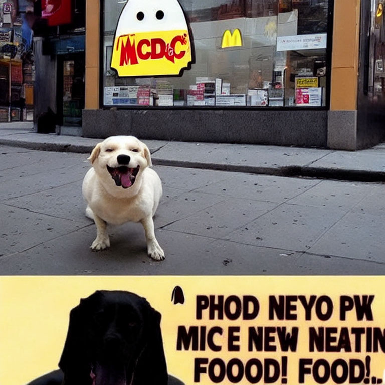Cheerful dog on pavement with skewed McDonald's sign, black dog with humorous text overlay.