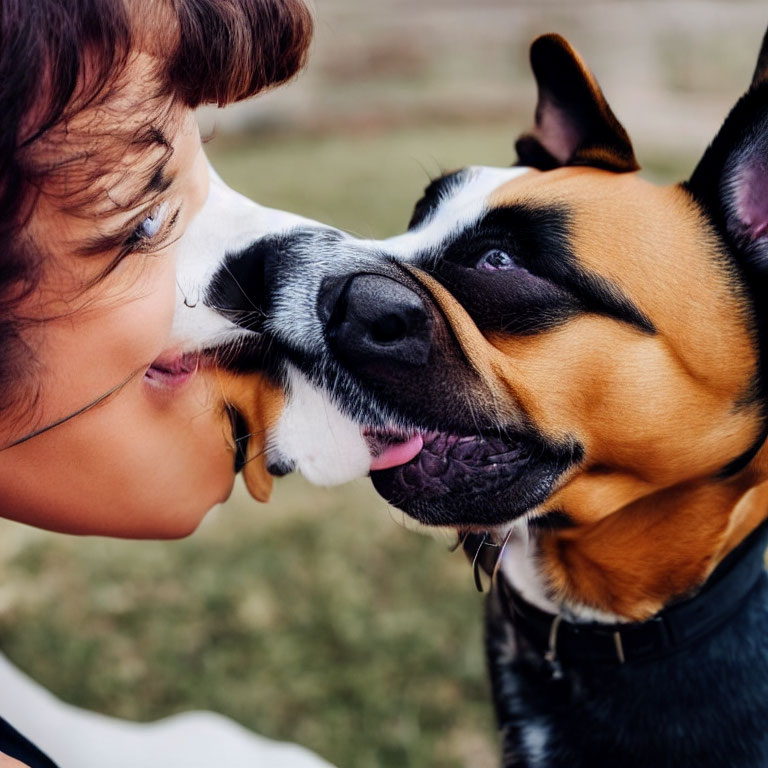Smiling person and dog touching noses in affectionate gesture
