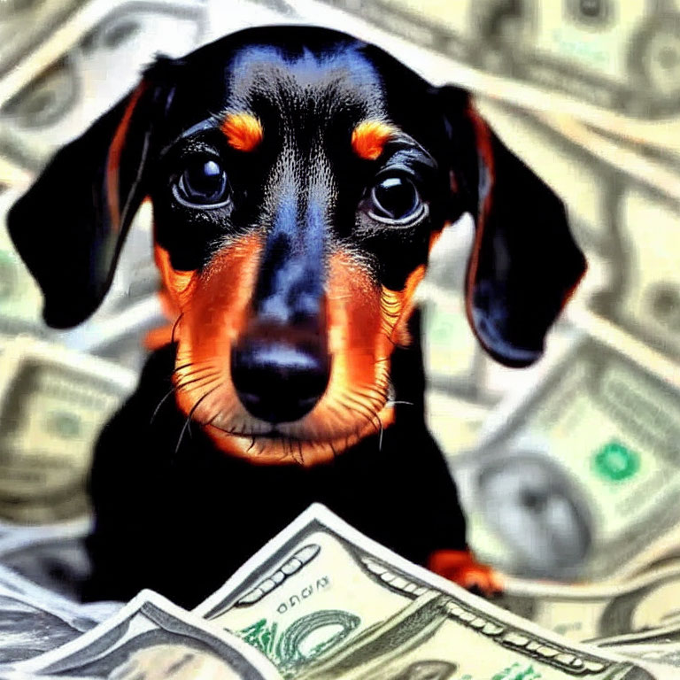 Black and Tan Dachshund Puppy with Brown Eyes Among US Dollar Bills
