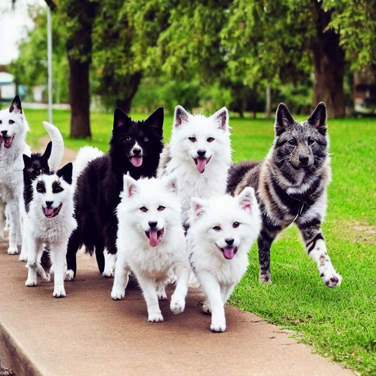 Six Fluffy Dogs Walking in Park with Trees