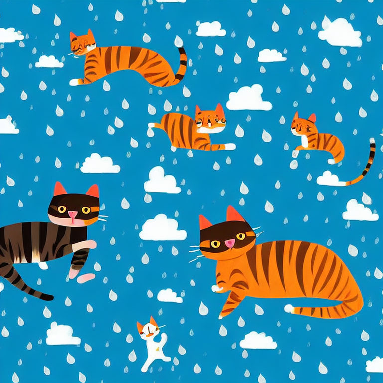 Whimsical cats in clouds on blue background