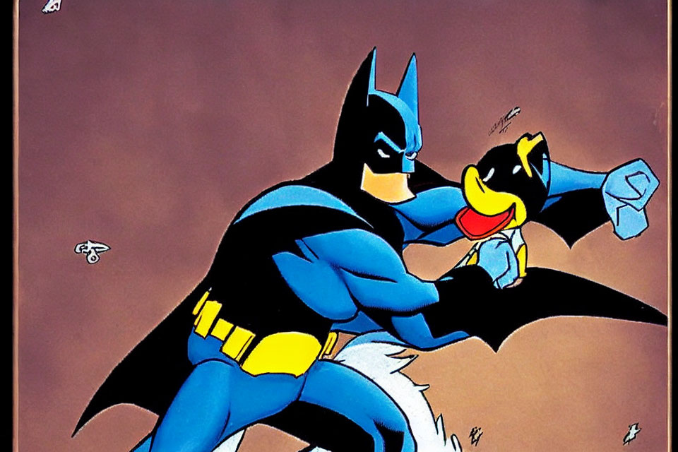 Superhero Batman holding a smiling black duck character illustration