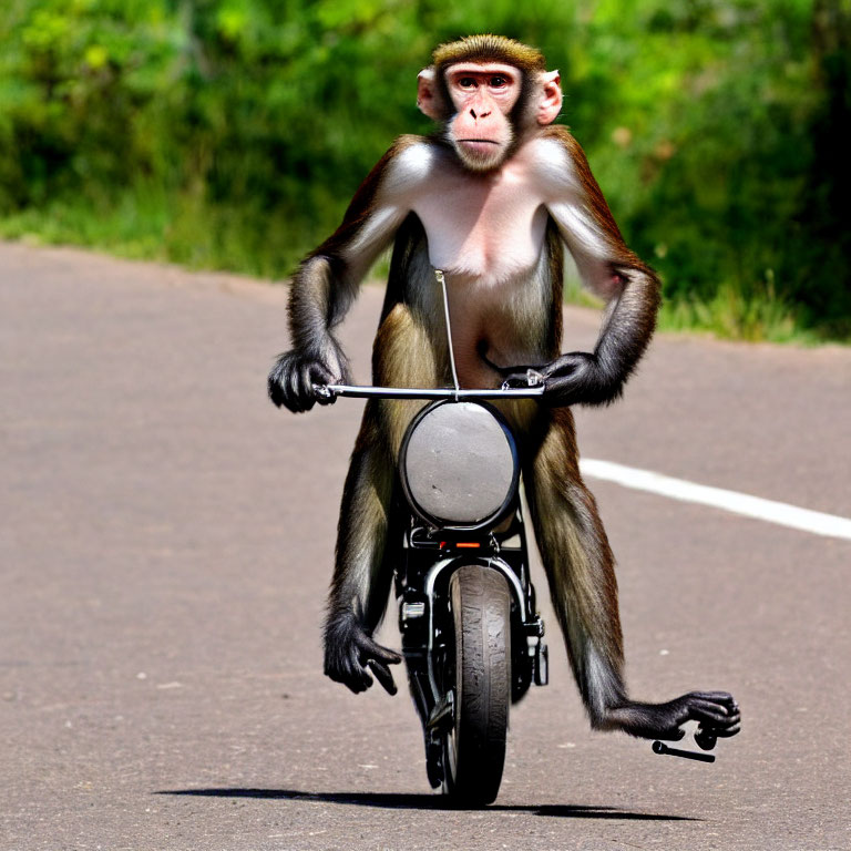 Baboon on Miniature Motorcycle Balancing on Rear Wheel