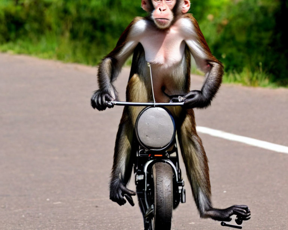 Baboon on Miniature Motorcycle Balancing on Rear Wheel