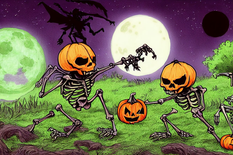 Spooky cartoon: dancing skeletons with pumpkin heads under a full moon and bats in purple night sky