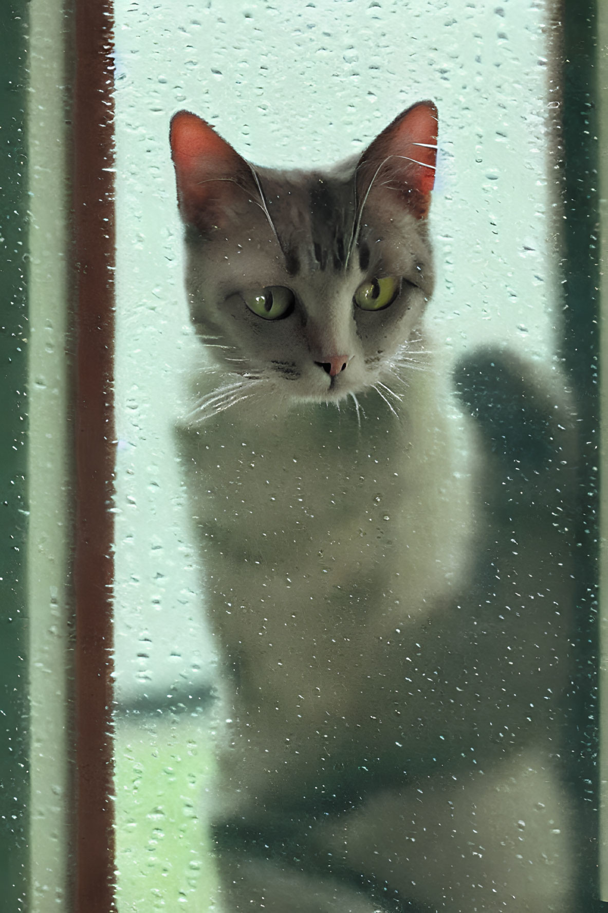 Grey cat with thoughtful gaze looking through rain-speckled window