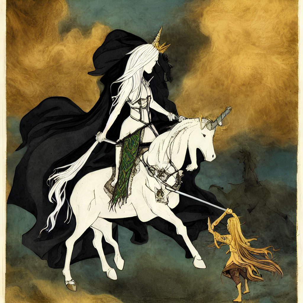 Majestic unicorn with ethereal woman and golden clouds