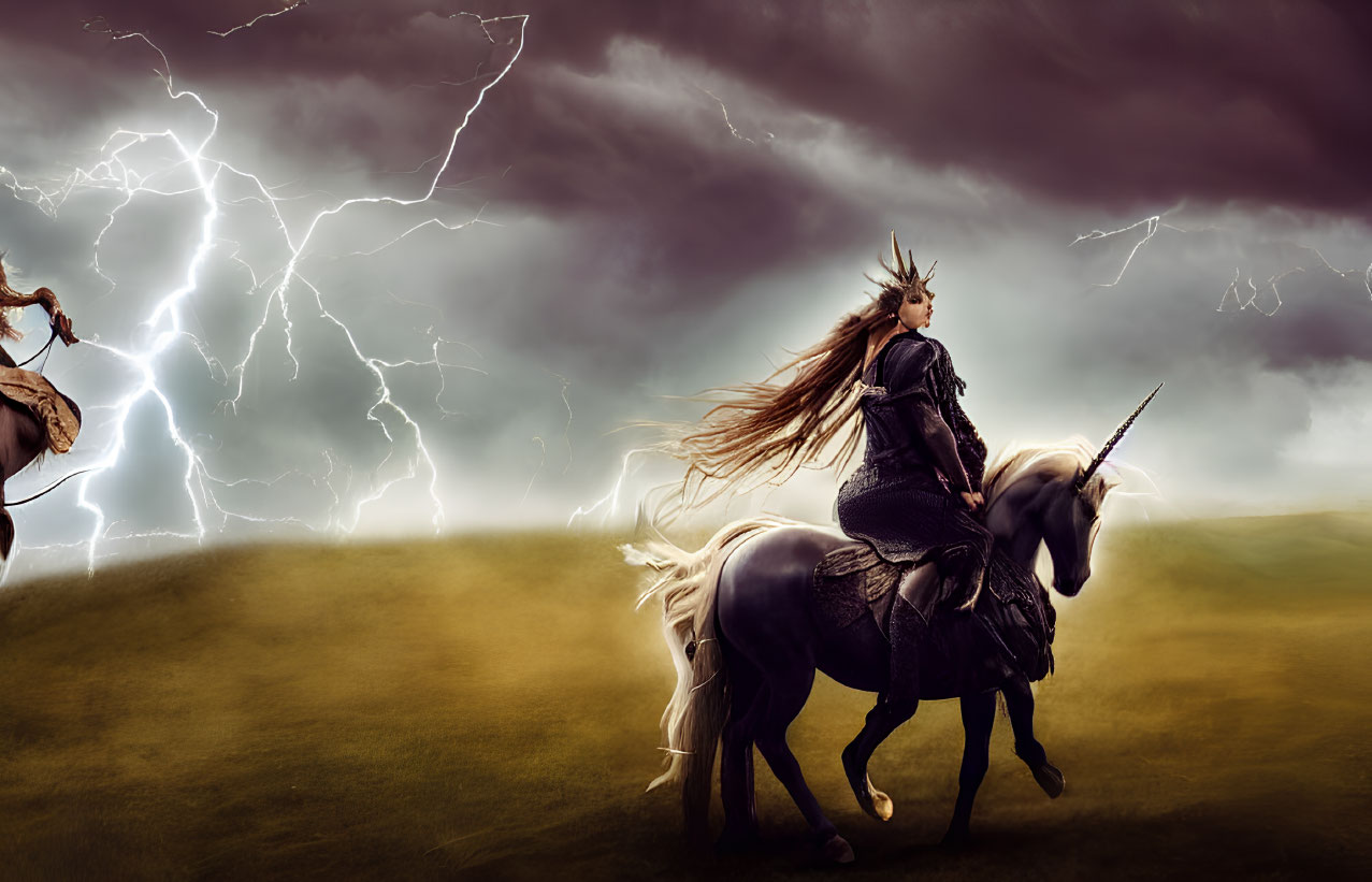 Warrior queen on unicorn under stormy sky with lightning