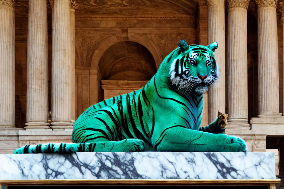 Tiger with Green Stripes on Marble Plinth in Grand Building