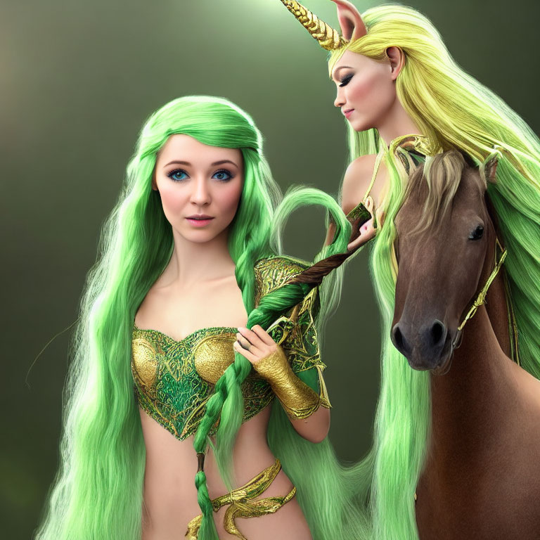 Fantasy illustration: Elf with emerald-green hair and brown horse with golden bridle.