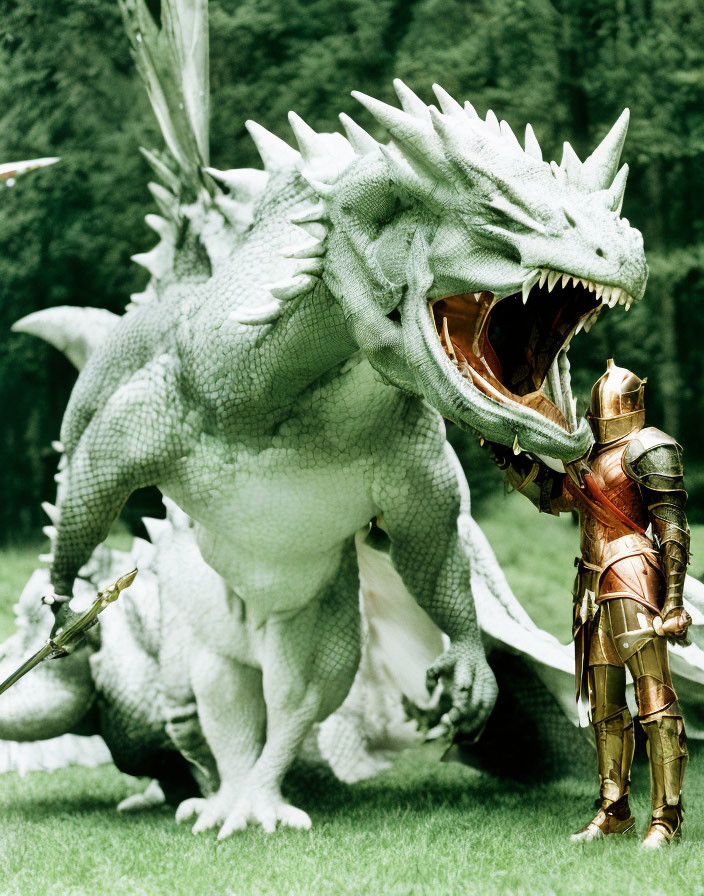 Armored knight confronts roaring dragon in grassy field