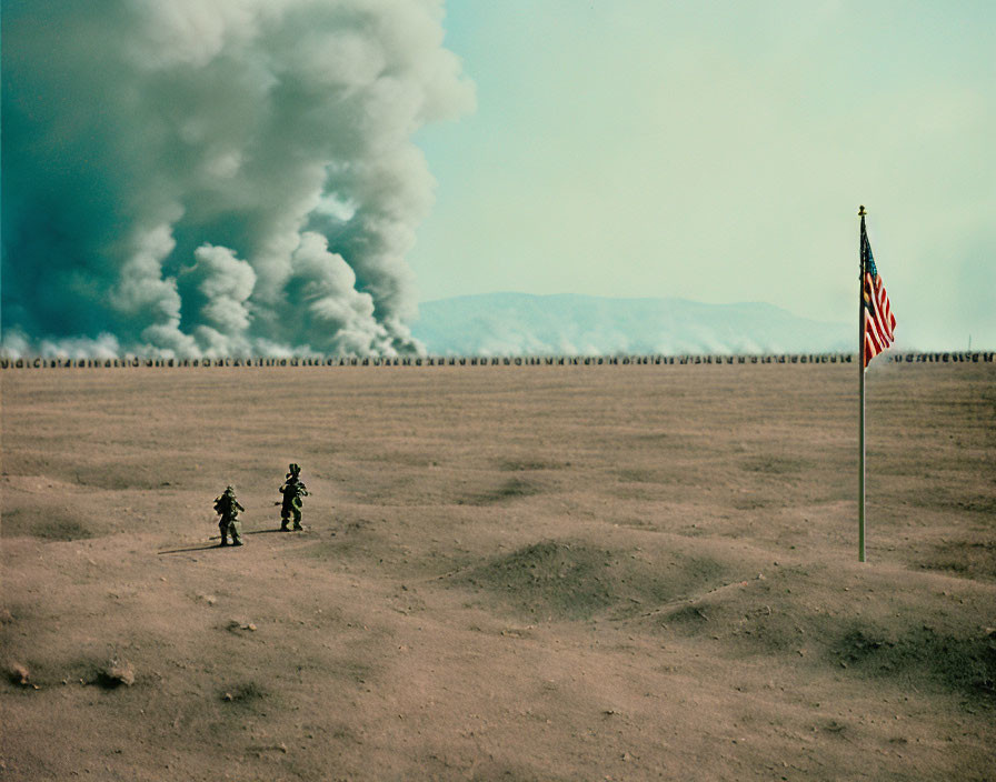 Military operation scene: Two soldiers in barren field with US flag and smoke plumes