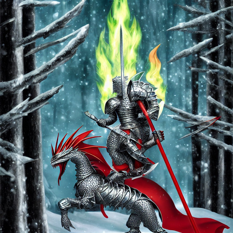 Armored knight and dragon in snowy forest with flaming sword and fire breath