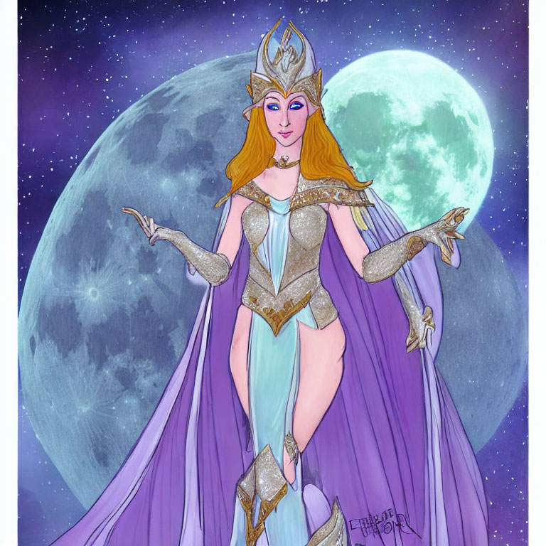 Illustrated fantasy queen in purple and gold attire under starlit sky