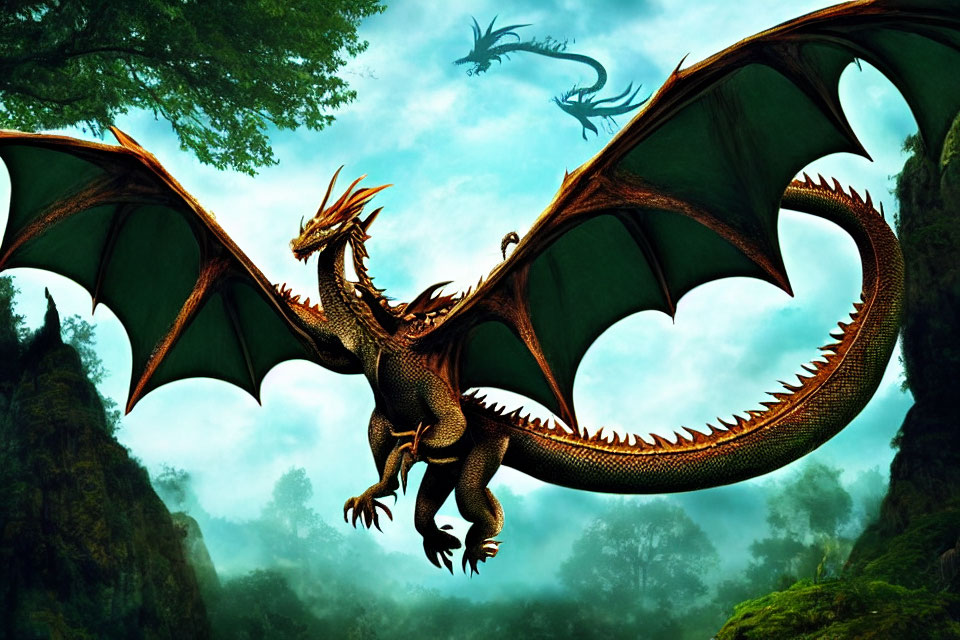 Brown dragon with outstretched wings in misty forest landscape