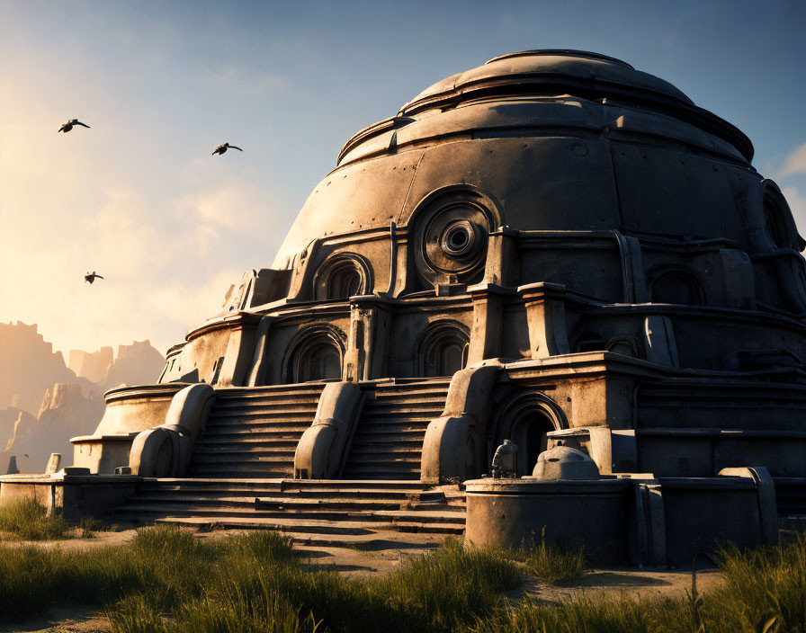 Futuristic dome building with stairs in desolate landscape under hazy sky