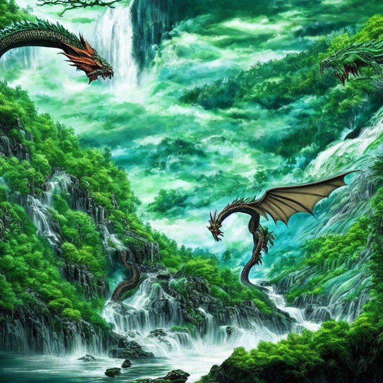 Dragons Flying Near Majestic Waterfalls in Mythical Landscape