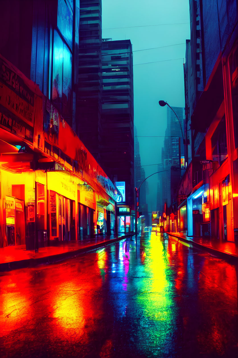 Vibrant neon-lit urban street at night with rainy reflections and foggy high-rise buildings