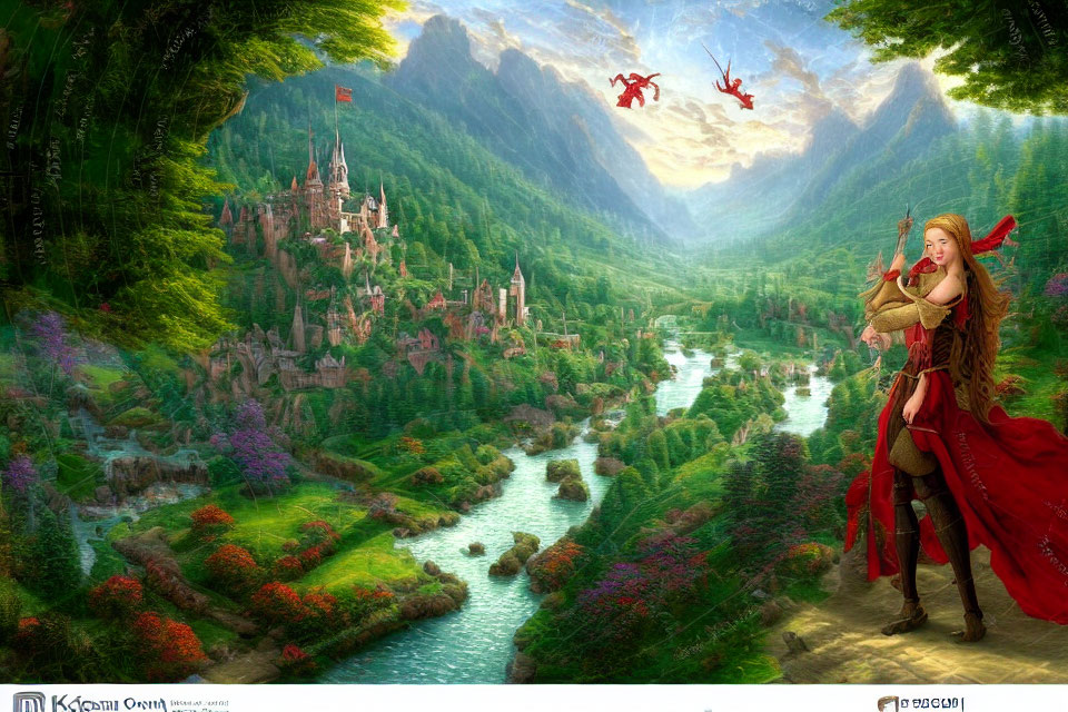 Fantasy landscape with warrior woman, bow, castle, and dragons