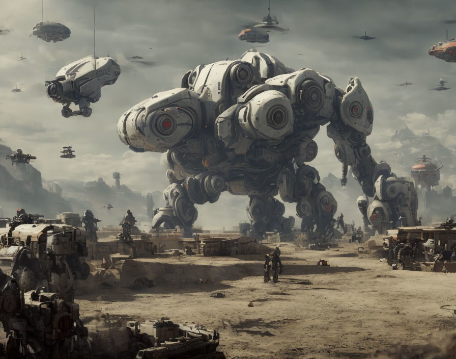 Sci-fi battlefield with robotic walkers and hovering ships on dusty terrain