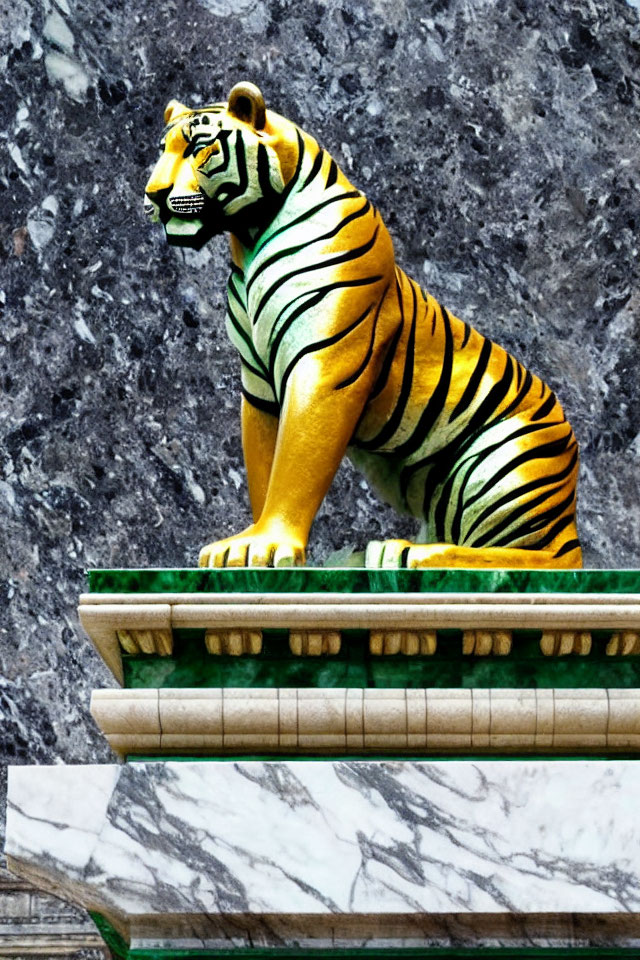 Colorful Tiger Statue Seated on Green Podium on Marble Background