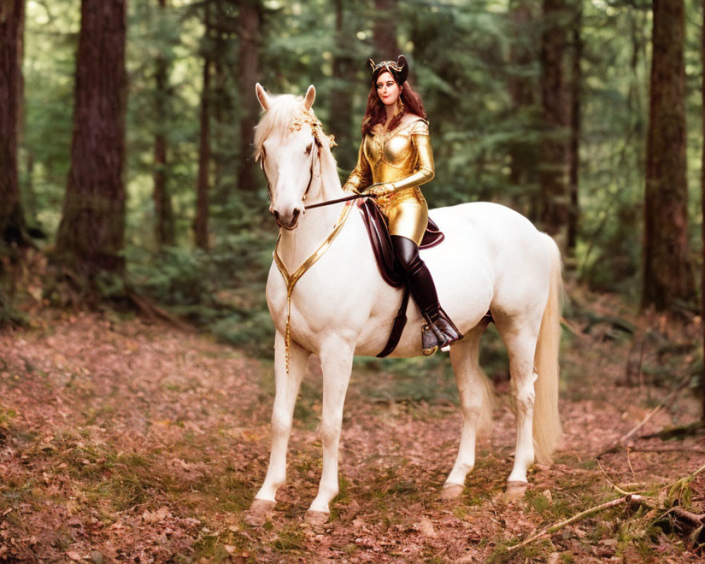 Woman in Golden Medieval Armor Riding White Horse in Forest