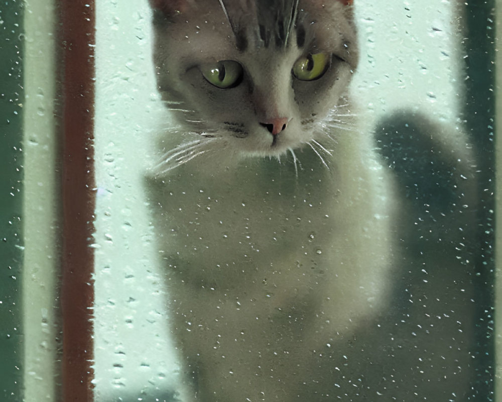 Grey cat with thoughtful gaze looking through rain-speckled window