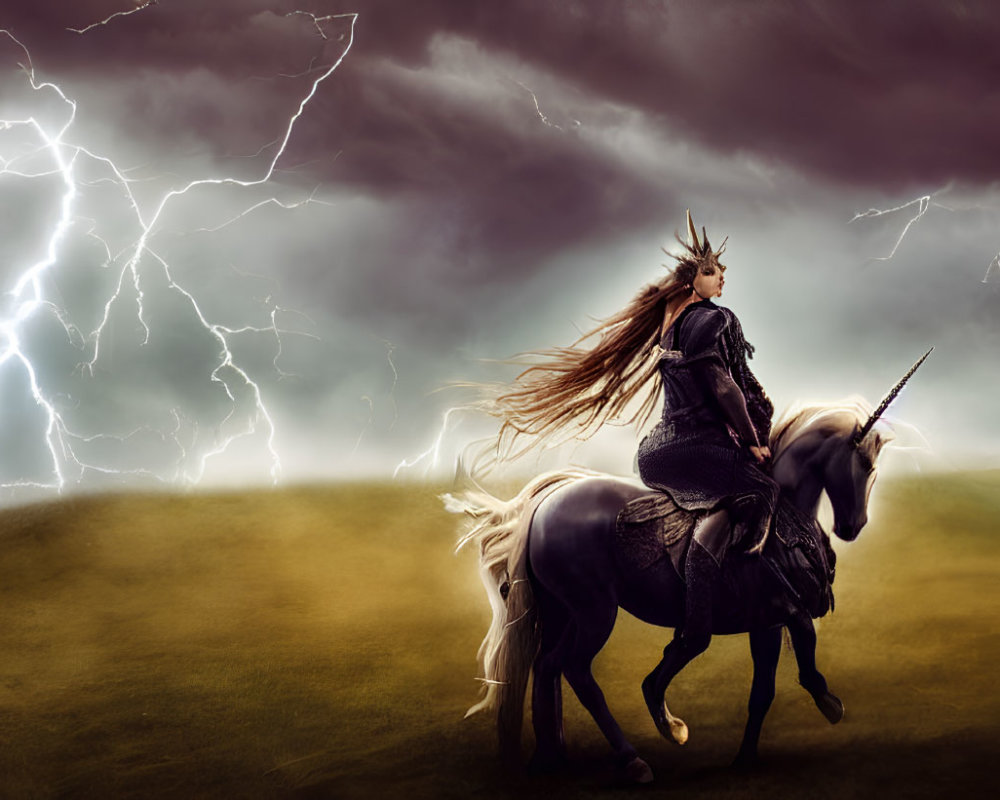 Warrior queen on unicorn under stormy sky with lightning