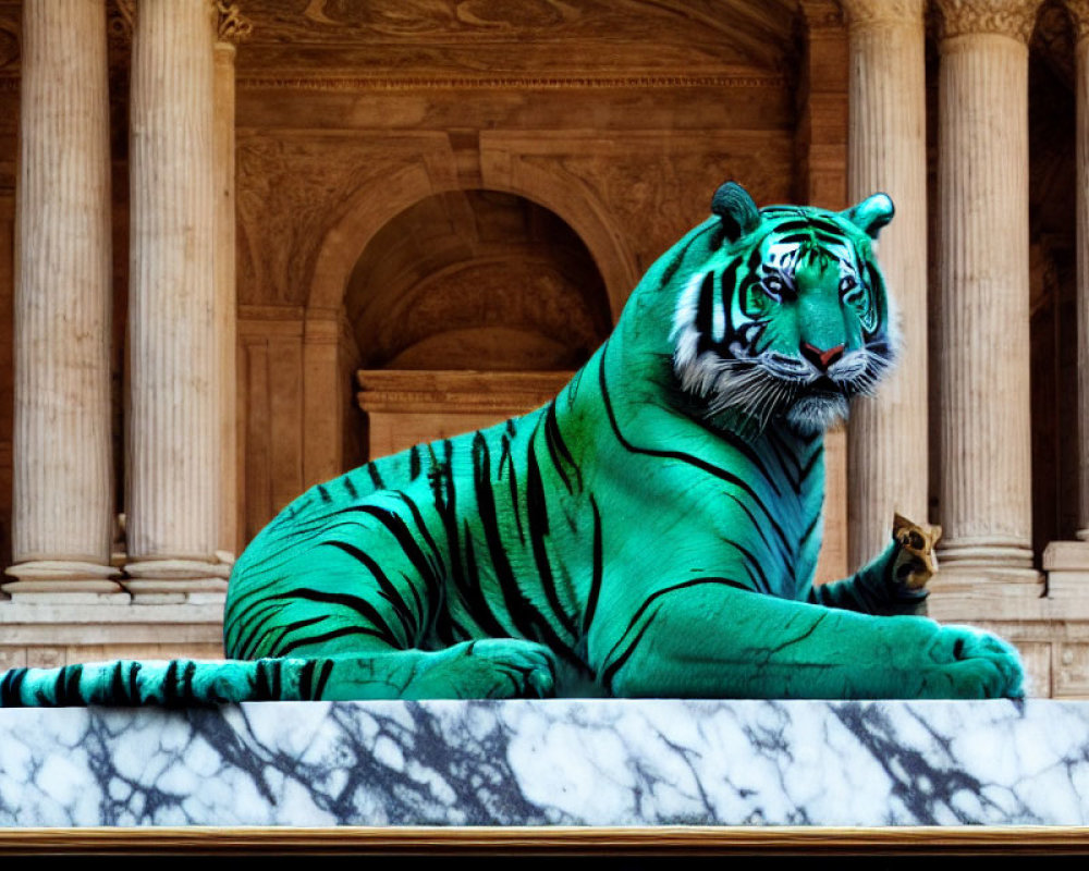 Tiger with Green Stripes on Marble Plinth in Grand Building