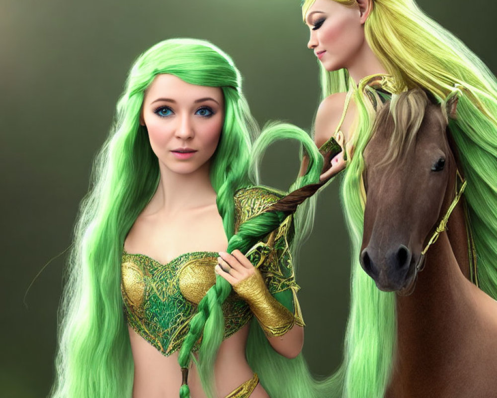 Fantasy illustration: Elf with emerald-green hair and brown horse with golden bridle.