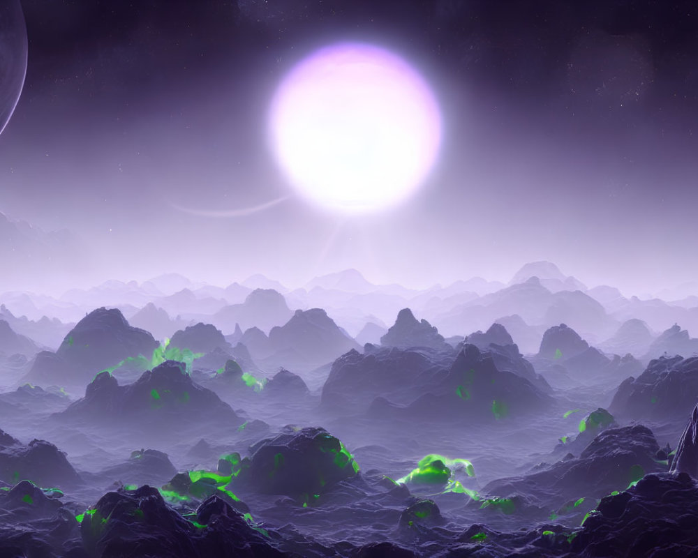 Luminous celestial body over alien landscape with glowing formations