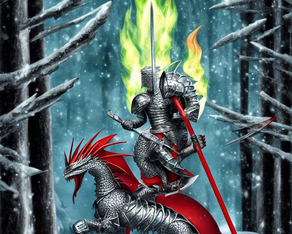 Armored knight and dragon in snowy forest with flaming sword and fire breath