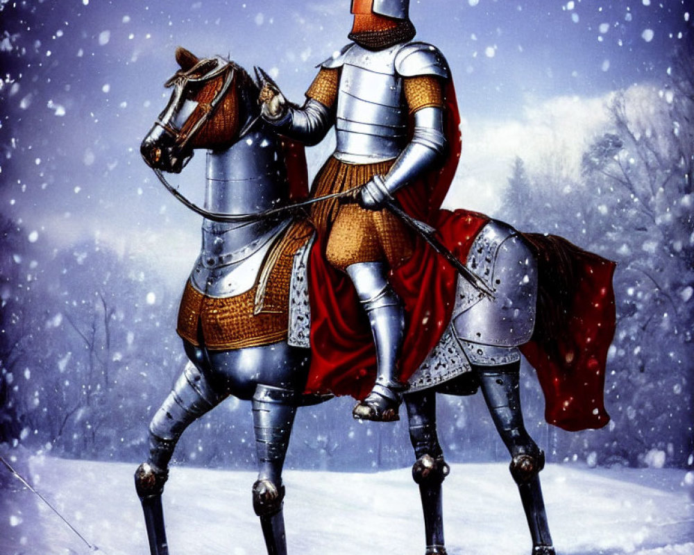 Medieval knight and horse in snowfall forest scene