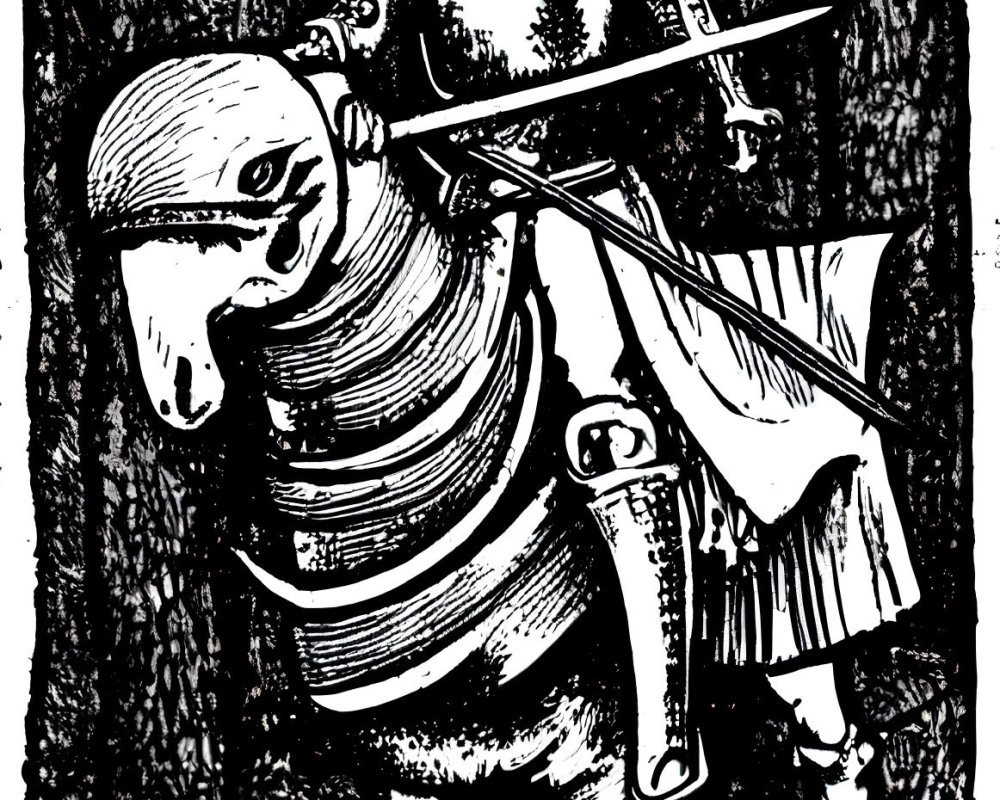 Monochrome illustration: Armored knight with lance and sword in forest