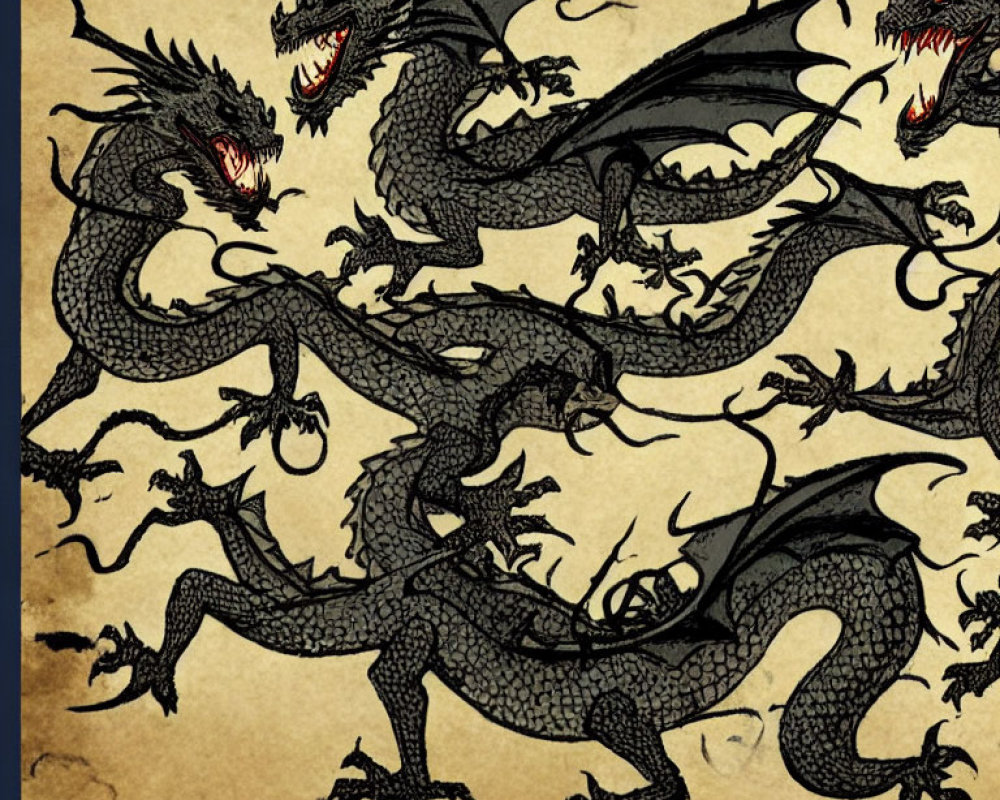 Illustration of Entwined Black Dragons Roaring on Parchment Background