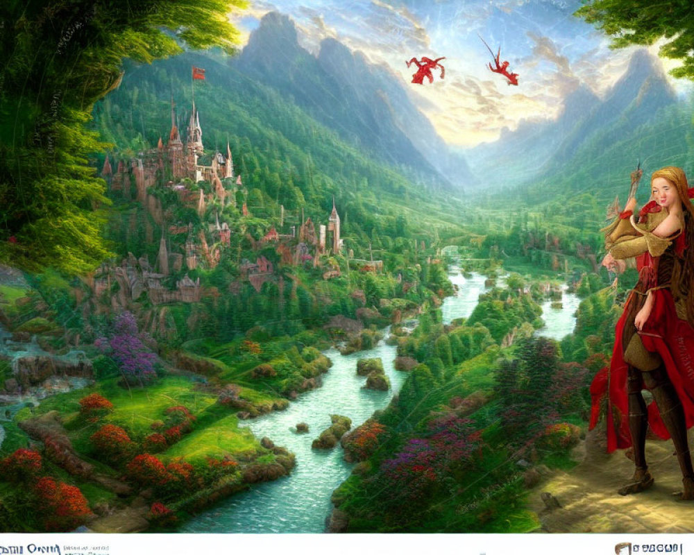 Fantasy landscape with warrior woman, bow, castle, and dragons