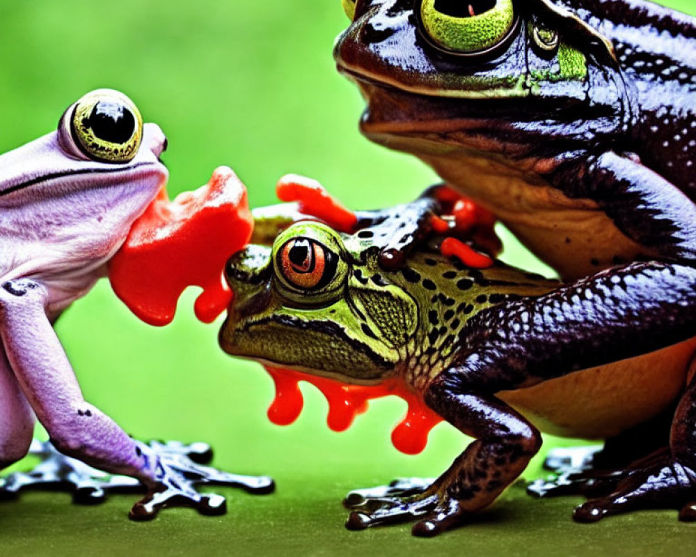 Vibrant-eyed colorful frogs on green background