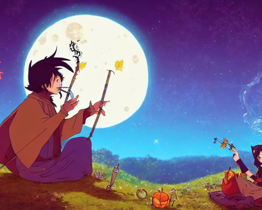 Animated characters playing flute under full moon with glowing plants & telescope.